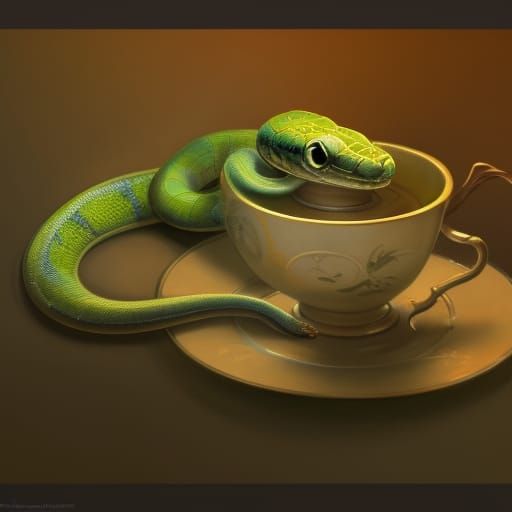 Baby Green Snake in Teacup: Art Nouveau Style
