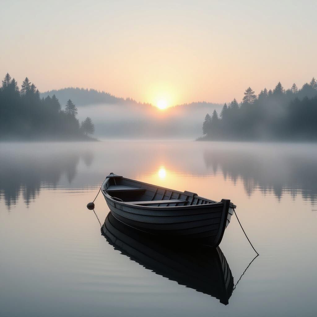Solitary Rowboat on Misty Lake at Dawn