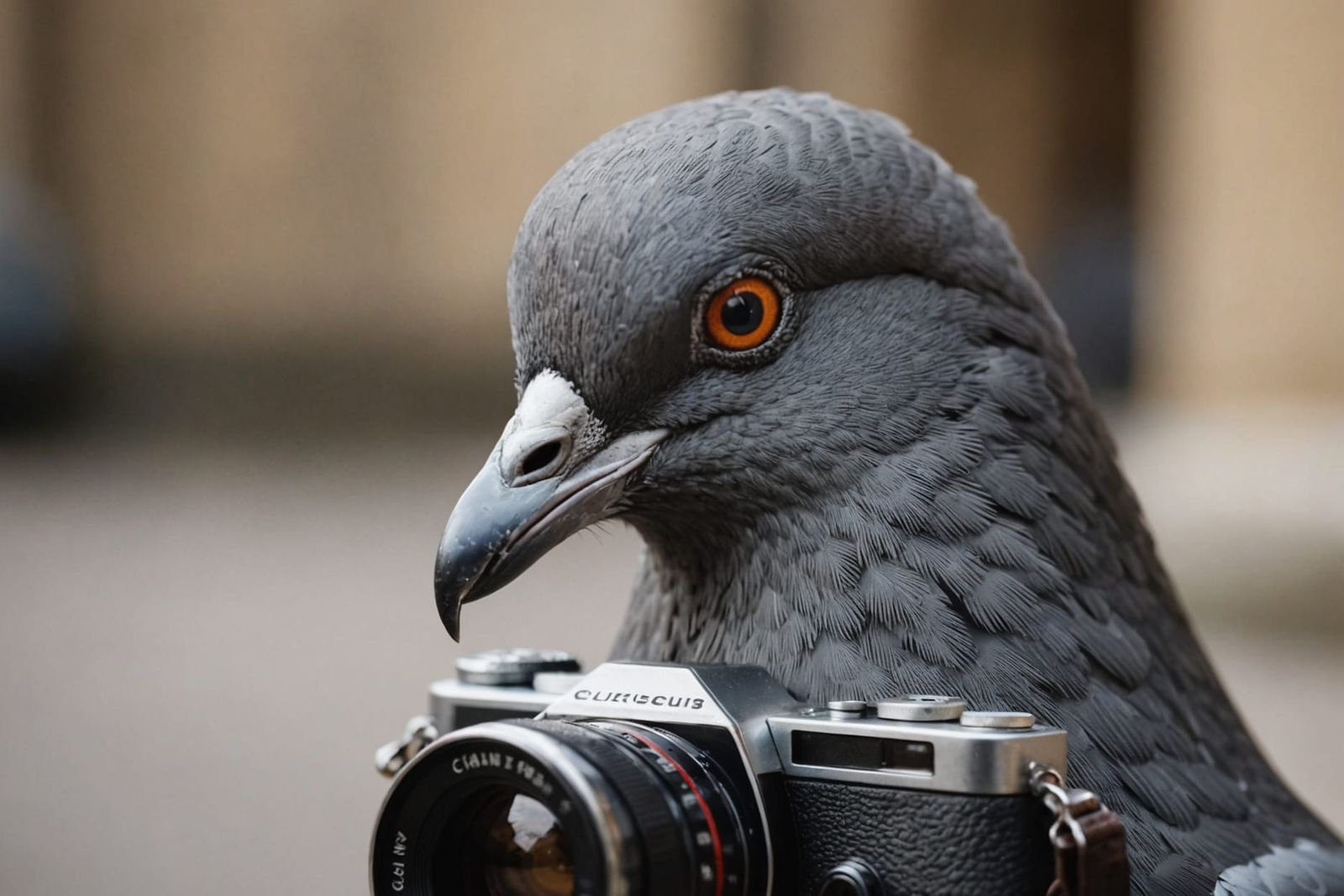Curious Pigeon Peeks into Camera Lens in 80s Classroom