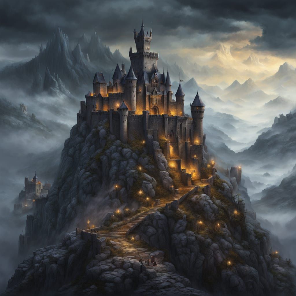 Medieval Castle in Dark Fantasy Oil Painting