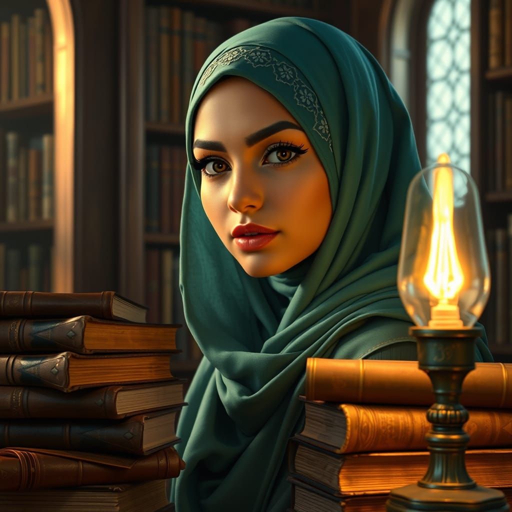 Turquoise Hijab Beauty in Vintage Library
