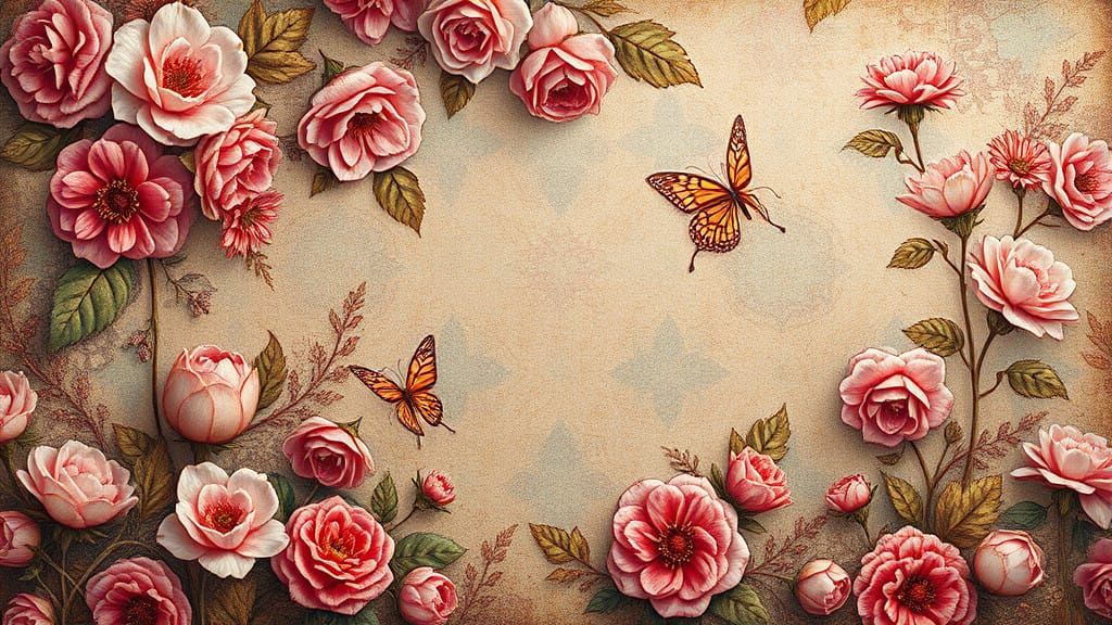 Whimsical Floral Fantasy on Vintage Pink Background