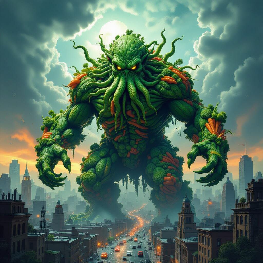 Vegetable Cthulhu Attacks City in Horror Illustration Style