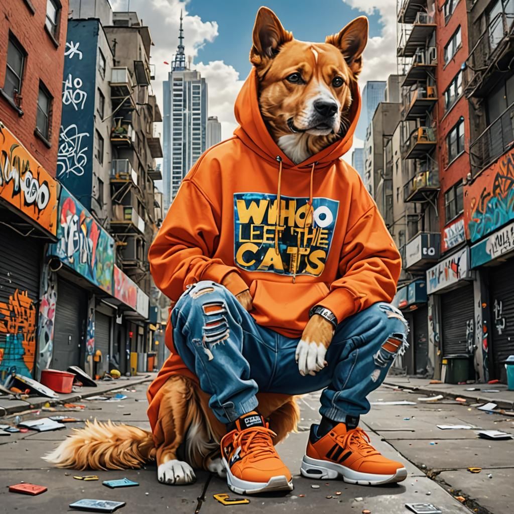 Dog in Hoodie with Graffiti Text, Matte Painting
