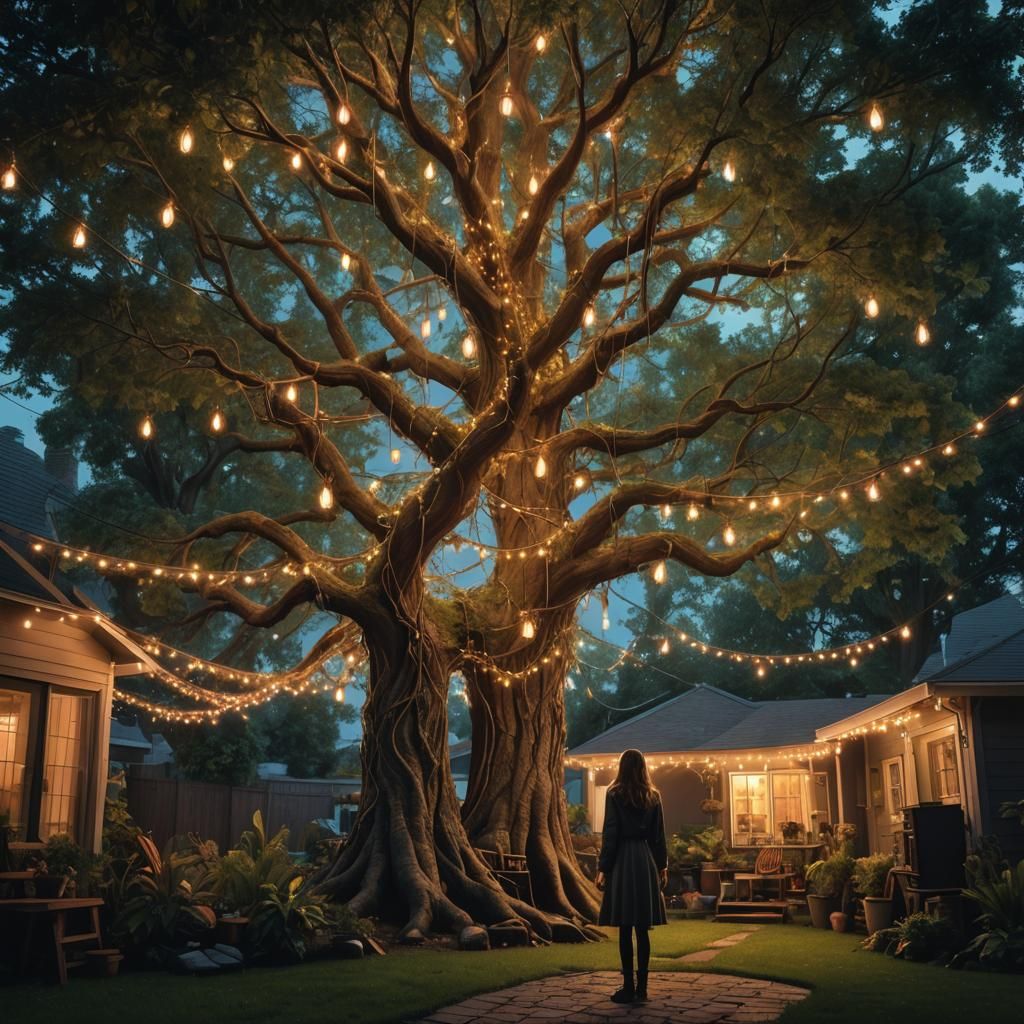 Backyard Tree with Lights: Digital Matte Painting