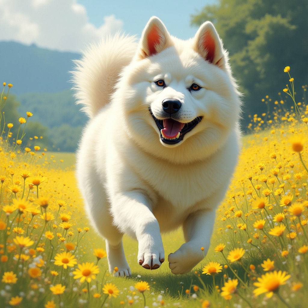 Akita Dog Running Through Daisy Field as Impressionist Art