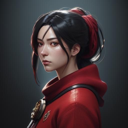 Anime Portrait of Woman in Red with Cherry Plant