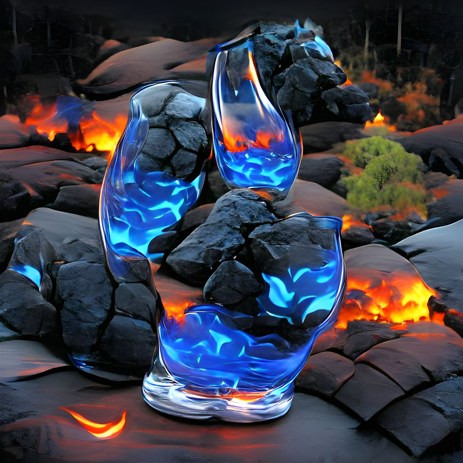Glowing Blue Lava Rocks in Glass Reflection
