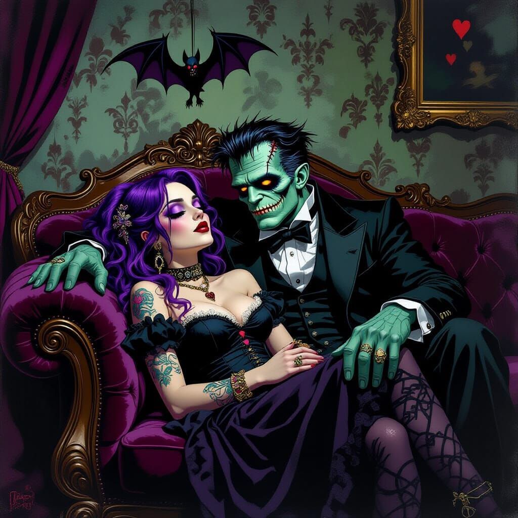 Gothic Romance: Woman and Frankenstein Lover in Moody Settin...
