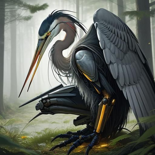 Cyborg Heron in Forest: Hyperrealistic Concept Art