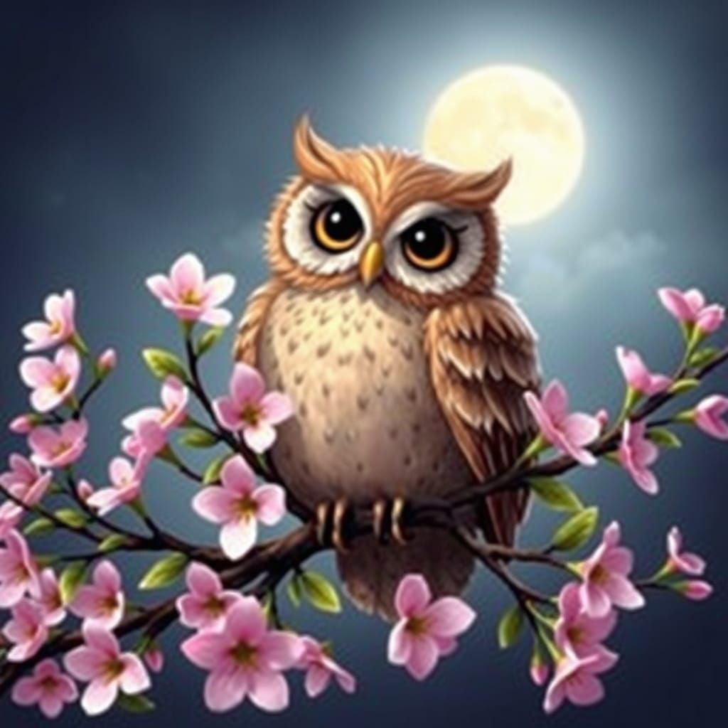 Surreal Moonlit Owl Contemplation in Pastel Hues