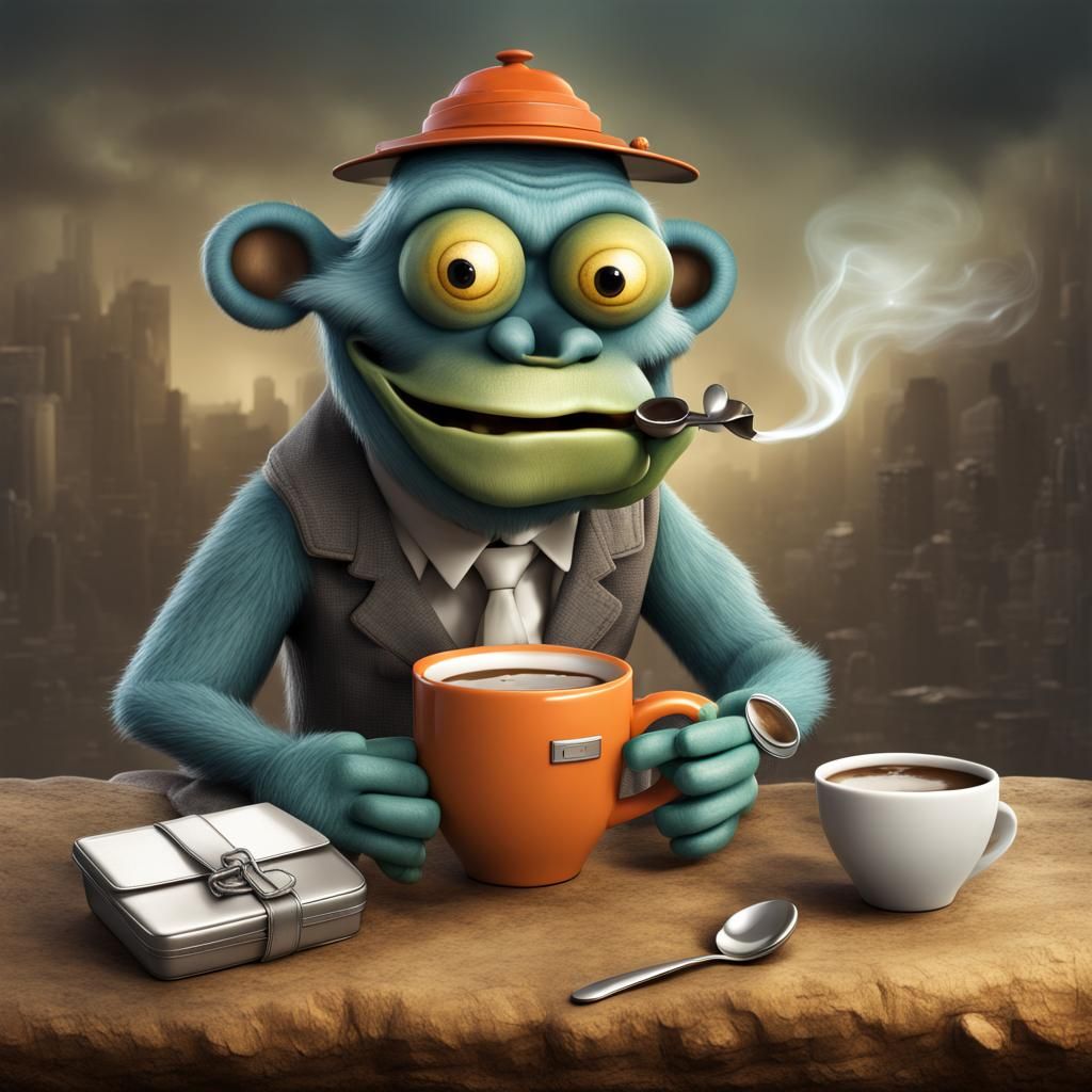 Whimsical Toolbox Creature Enjoying Coffee Break