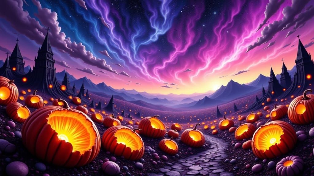 A surreal, dreamlike pumpkin patch under a sky filled with s...
