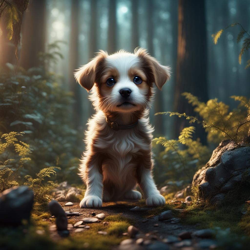 Puppies Playing in Forest: Fantasy Concept Art