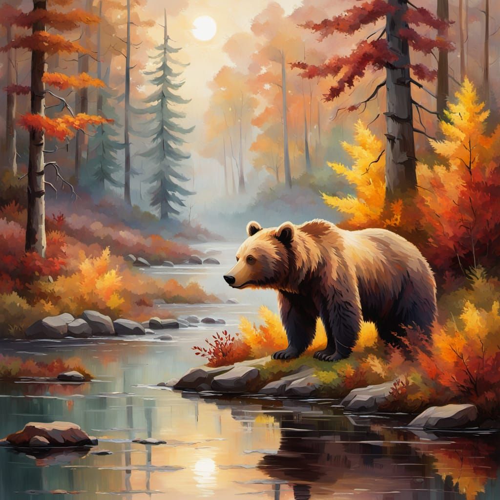 Impressionist Bear in Autumn Forest at Golden Hour