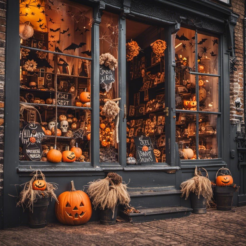 Festive Halloween Shop with Witch Brooms