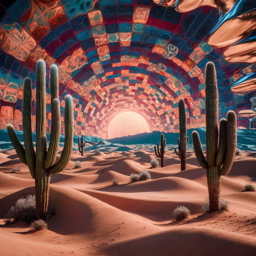 Surreal Desert Landscape with Colorful Sky Tessellations