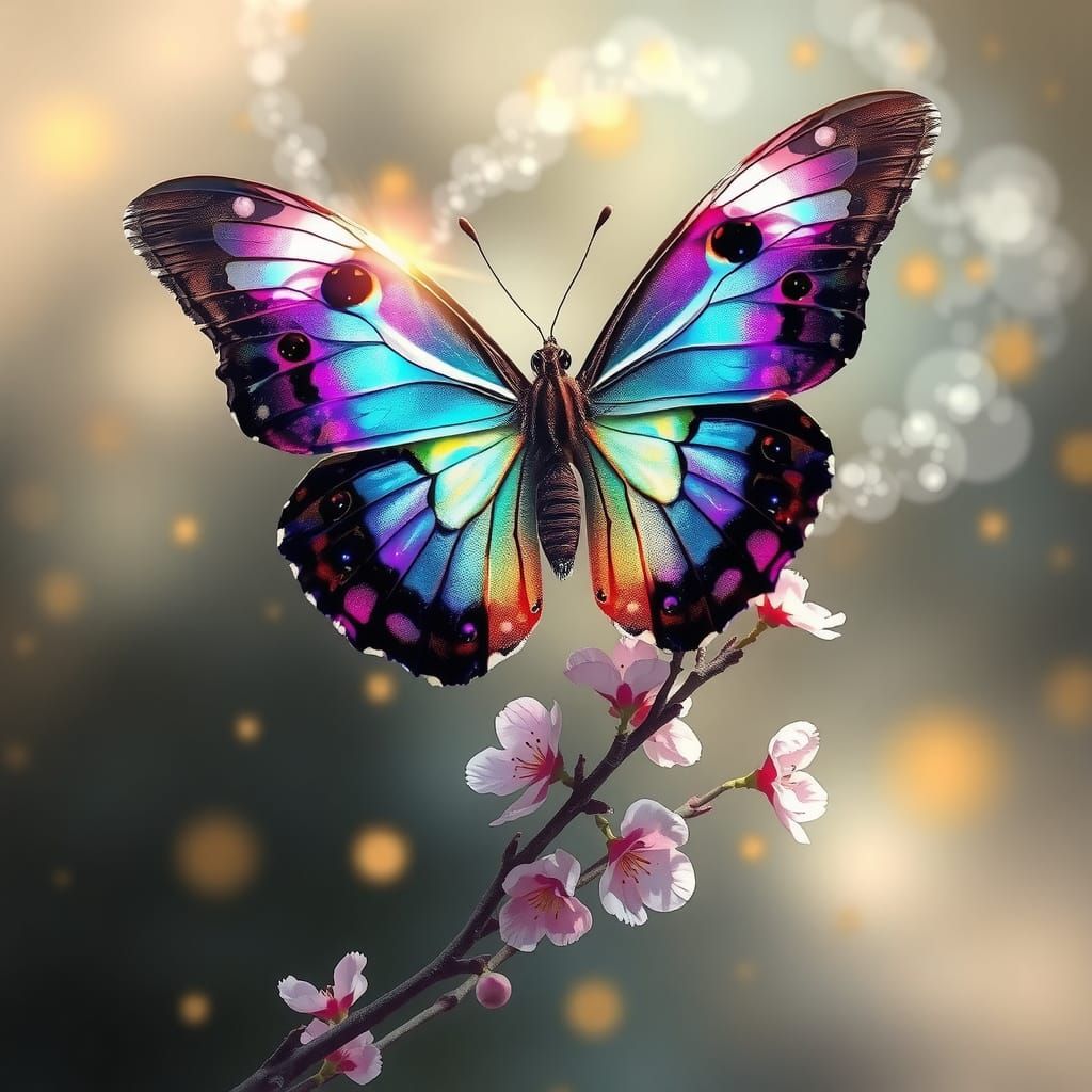 Close glowing intricate large BUTTERFLY  with fully-spread m...