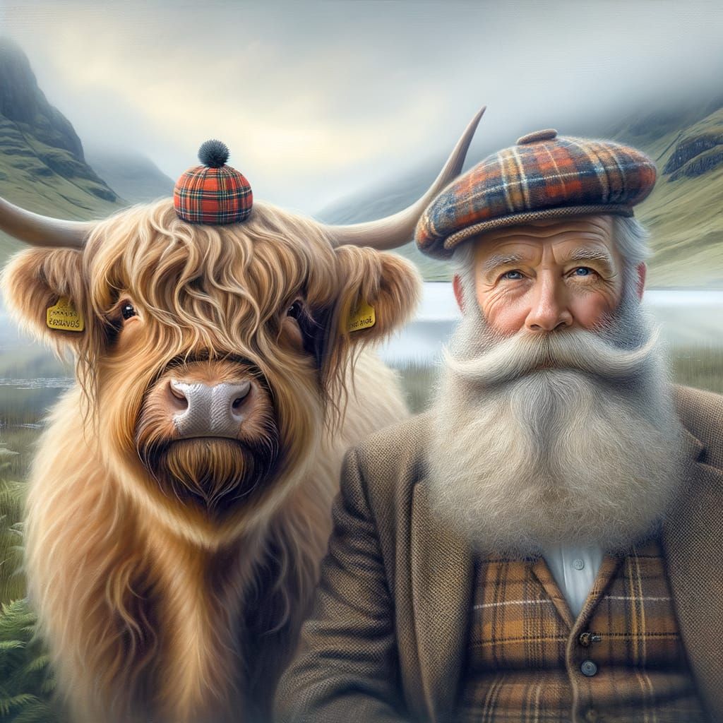 A fluffy Highland cow with long, shaggy fur and a gentle exp...