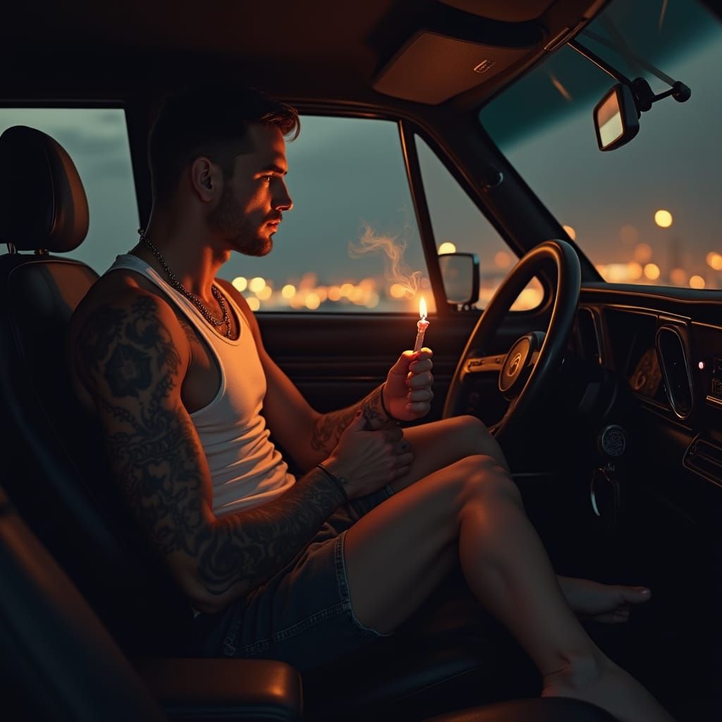 Sensual Nighttime Encounter in a Dimly Lit Car