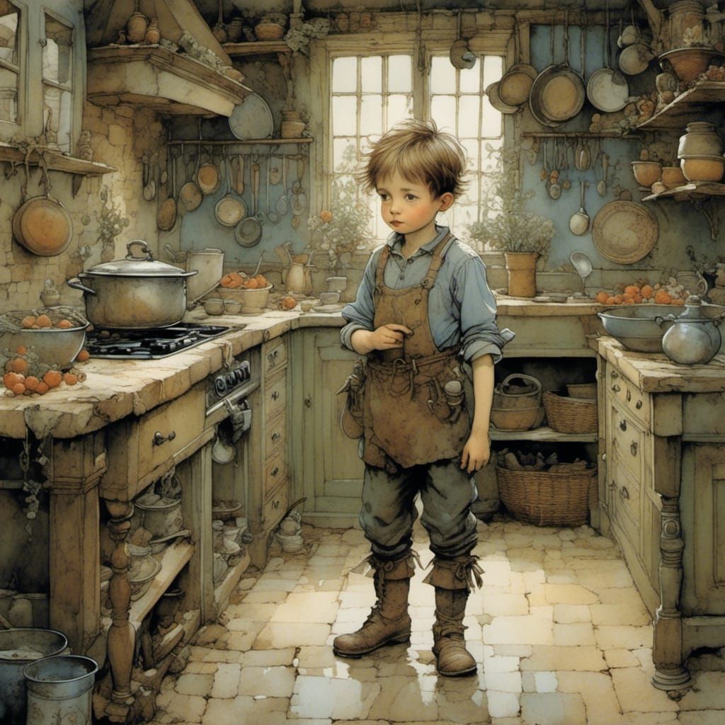 Boy in Kitchen with Boots, Detailed Painting