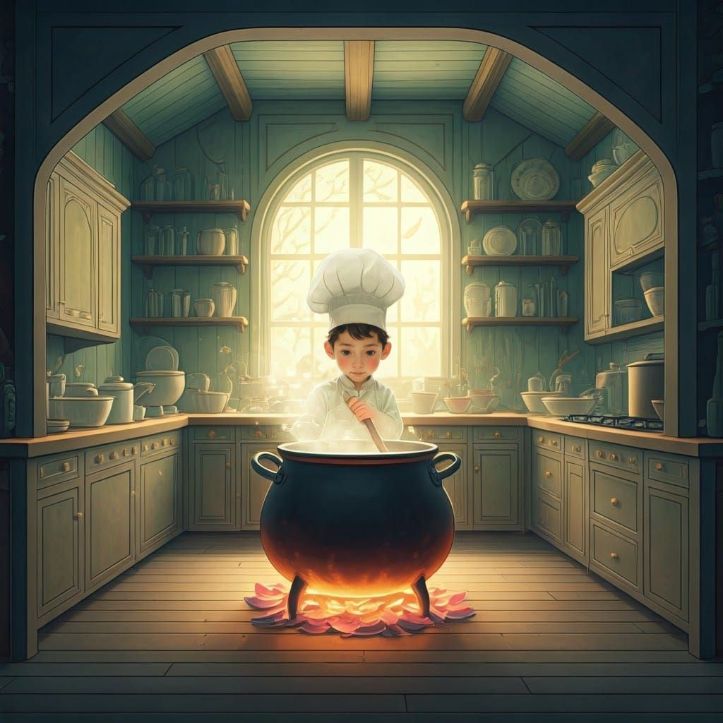 Young Hasidic Boy Stirs Lotus Soup in Whimsical Watercolor K...