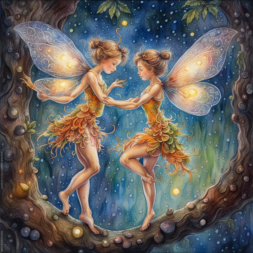 Fairies Dancing on Oak Branch in Watercolor Style