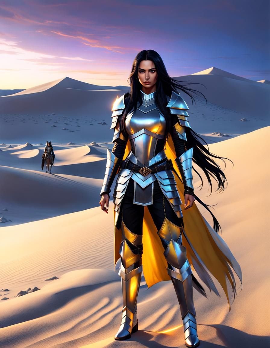 Yellow-Eyed Woman in Silver Armor, Dark Fantasy Art