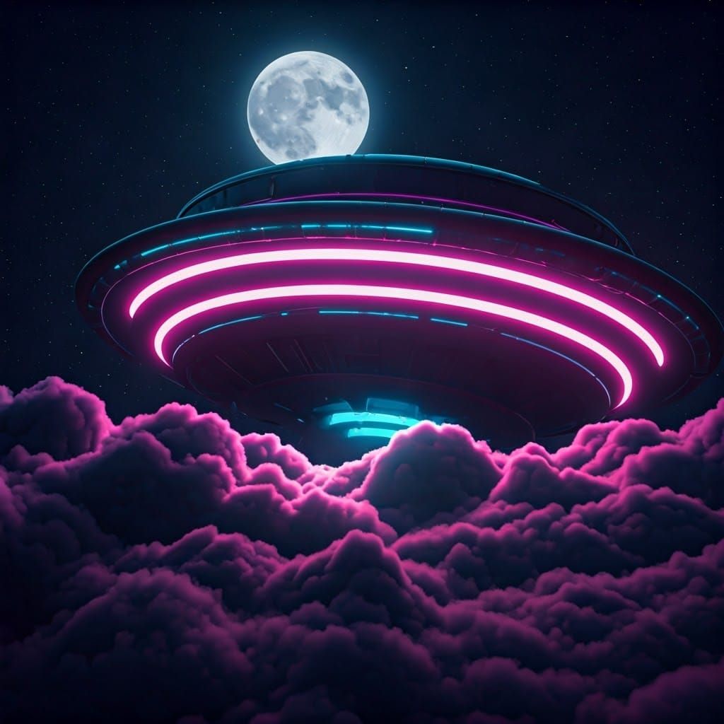 Fluorescent UFO Over Clouds on Starry Night