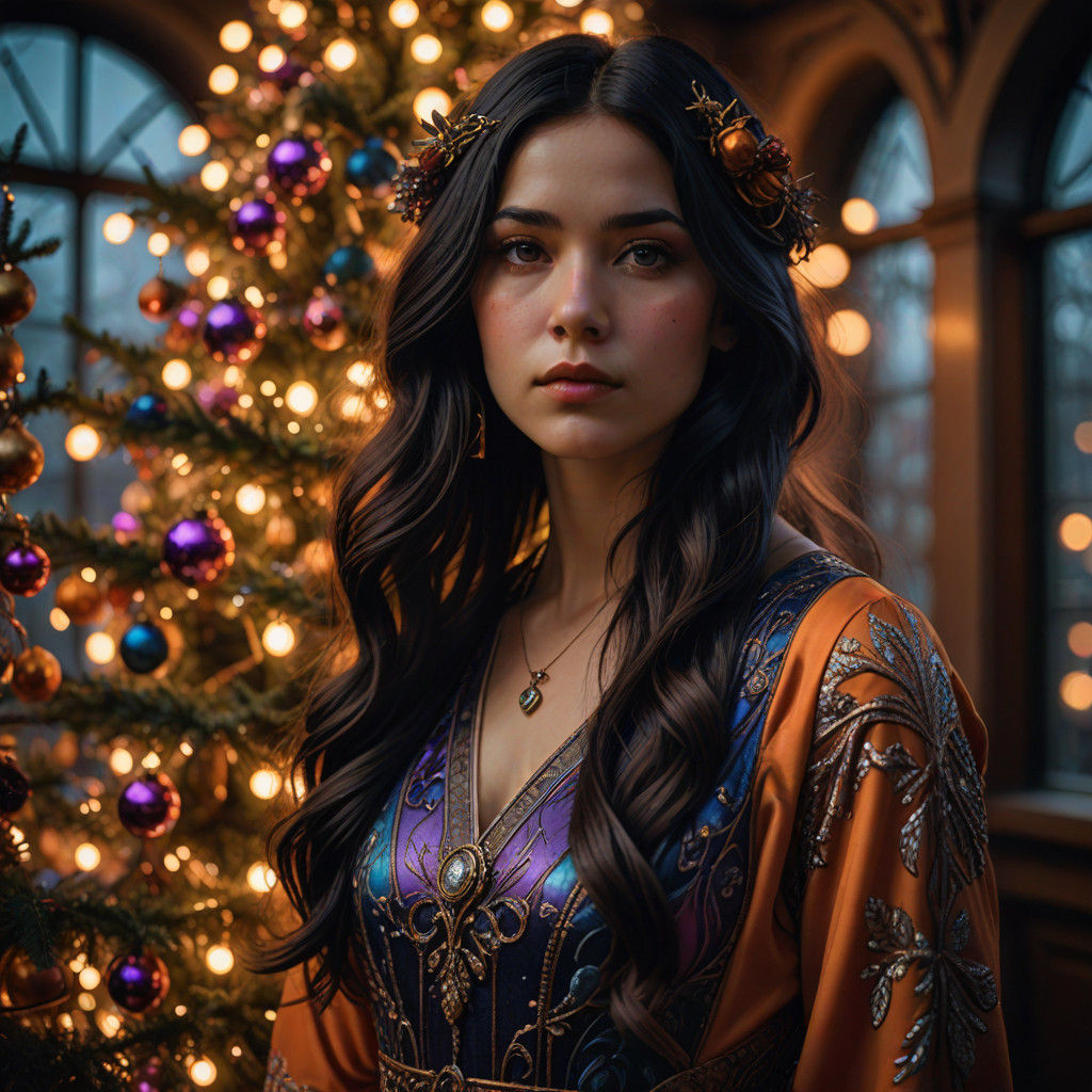 Elegant Jugendstil Portrait of a Girl in a Vibrant Holiday D...