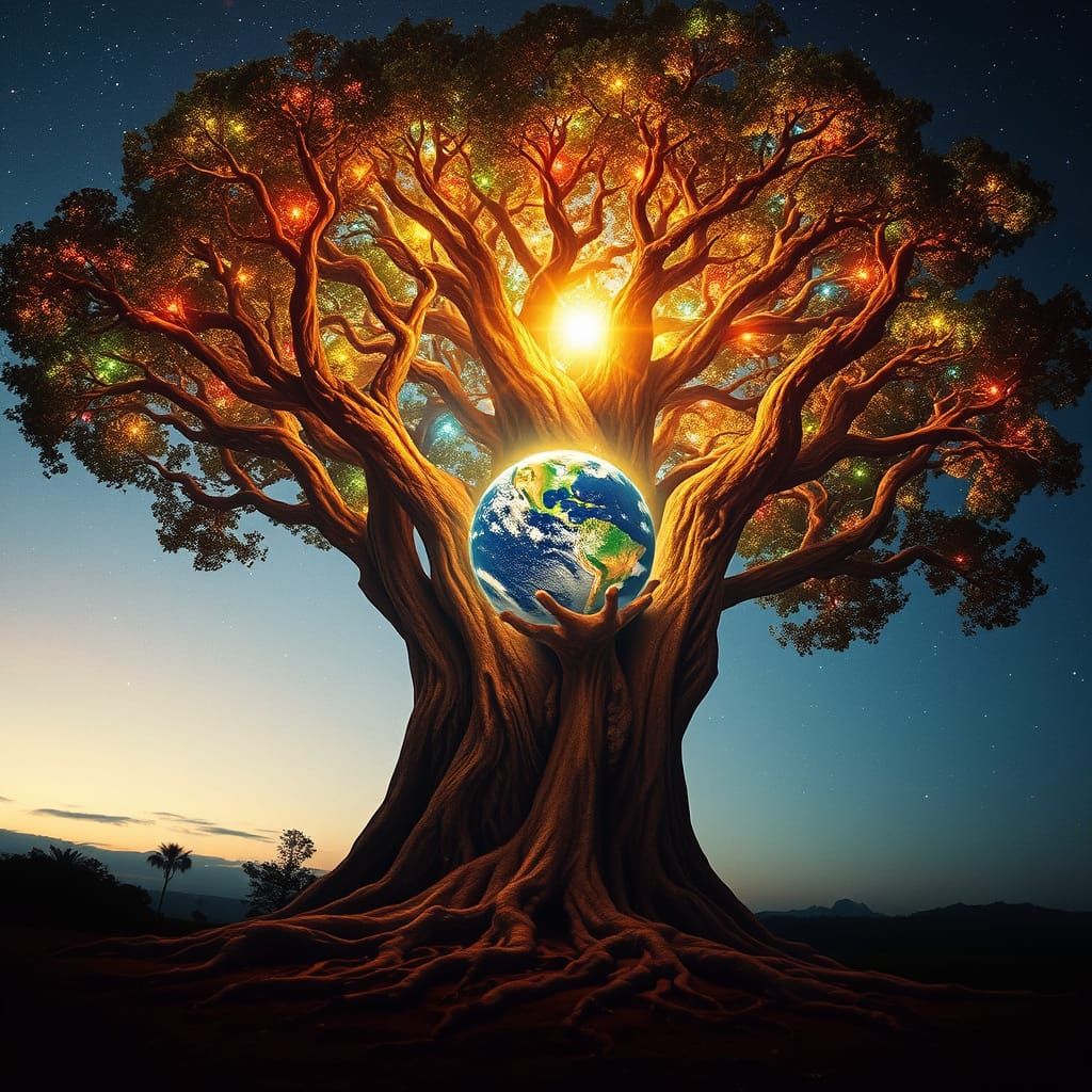 Bioluminescent Tree Woman Nurturing Earth in Galaxy