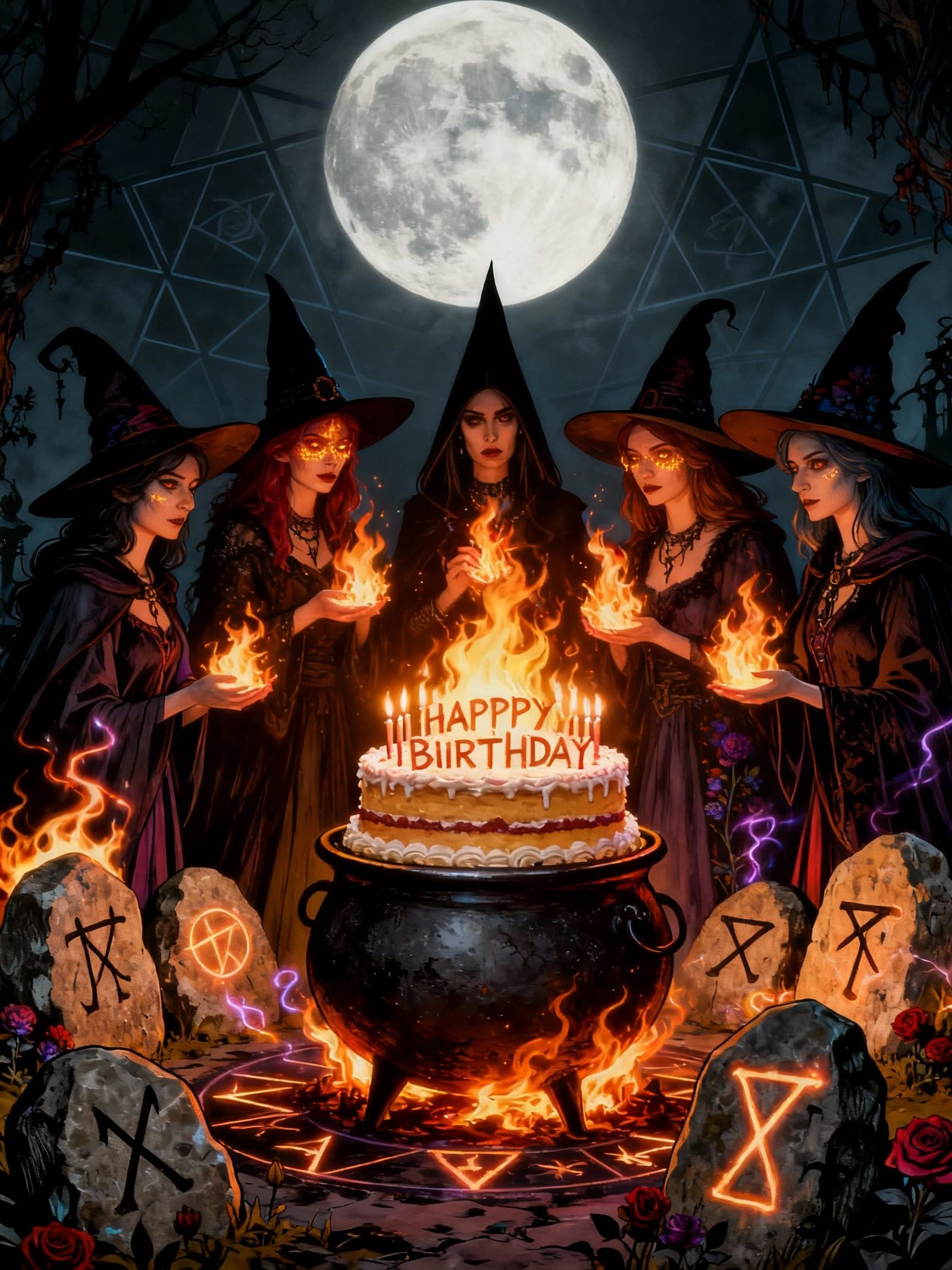 Witches' Ritual Birthday Cake Under Full Moon