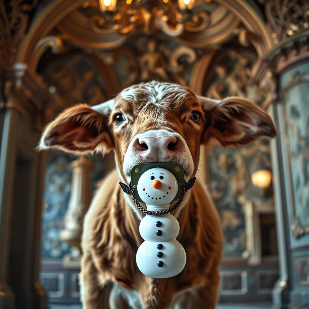 Baby Highland Cow with Snowman Pacifier in Art Nouveau Rococ...