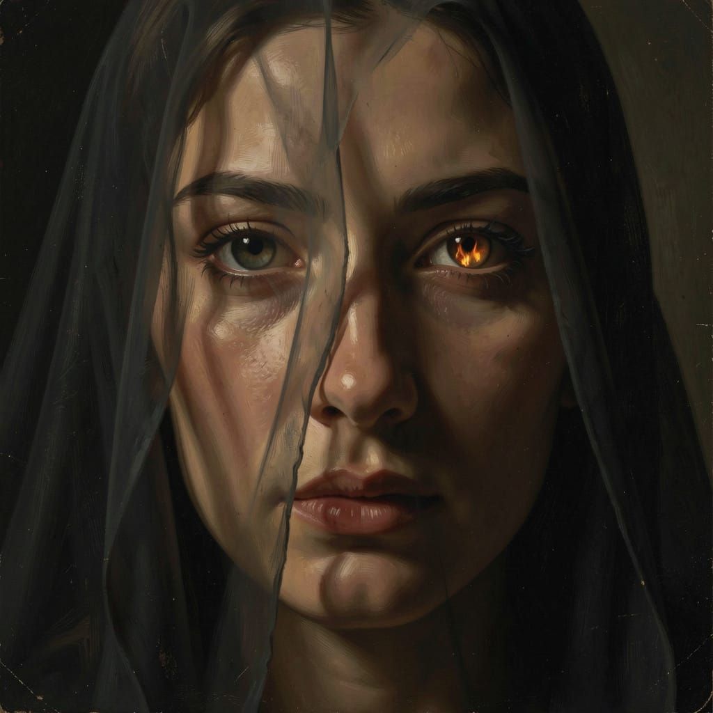 Mysterious Woman's Eyes Reflecting Flame Behind Veil
