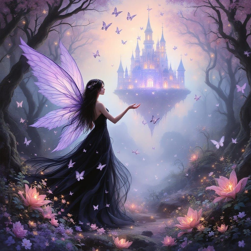 Enchanted Fairy in Luminous Forest, Watercolor Fantasy Paint...