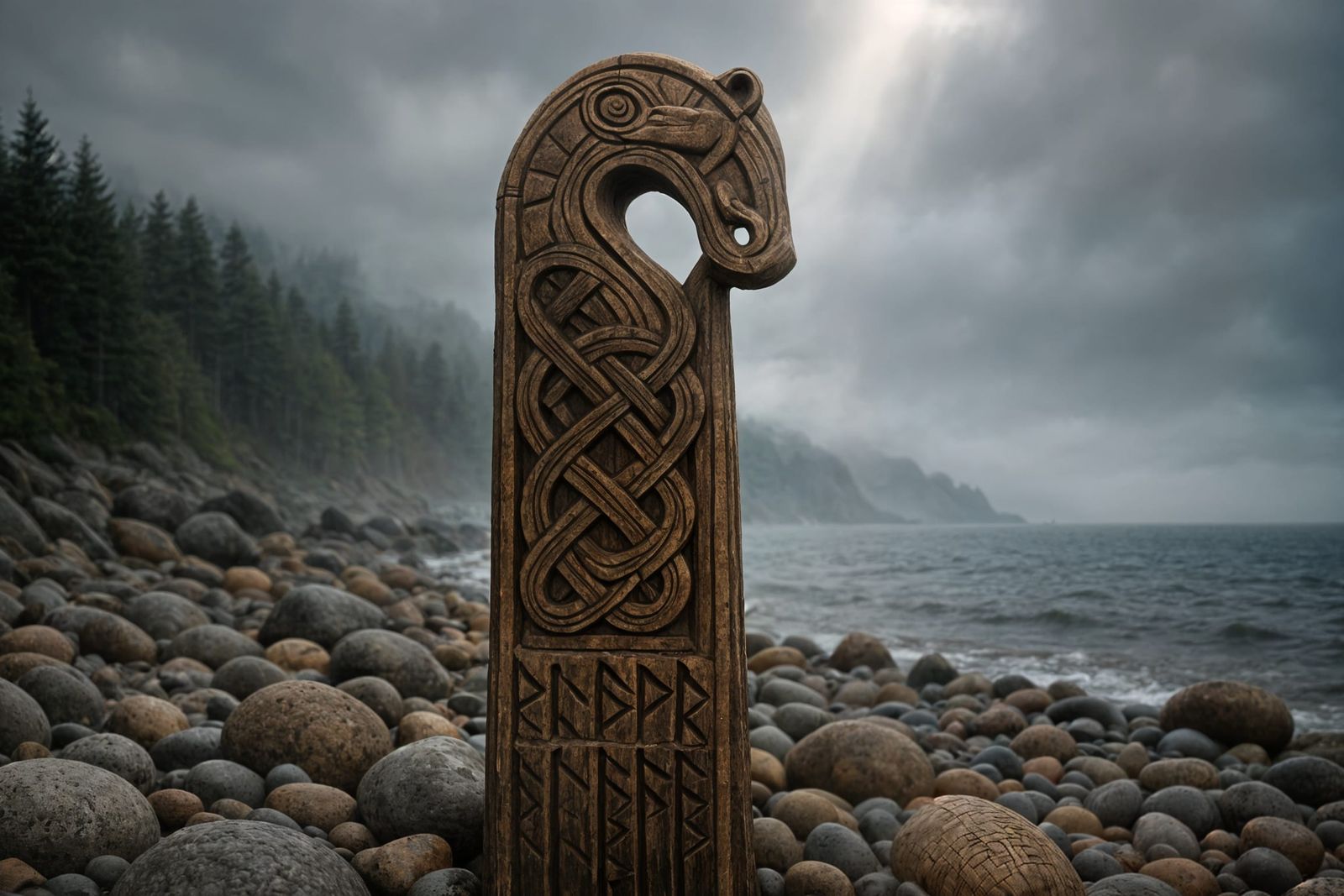 Nordic Carved Post on Misty Beach with Sunbeams