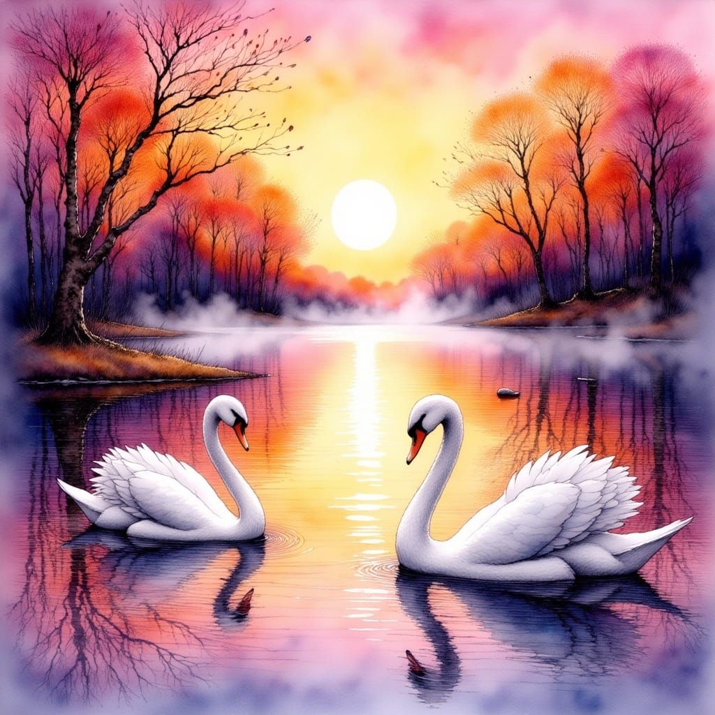 Dreamy Lake Scene in Whimsical Watercolor Style