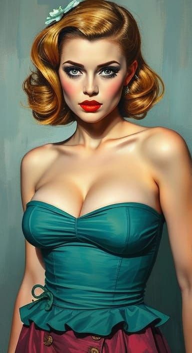 Pinup Girl Portrait in Impasto Oil Painting Style