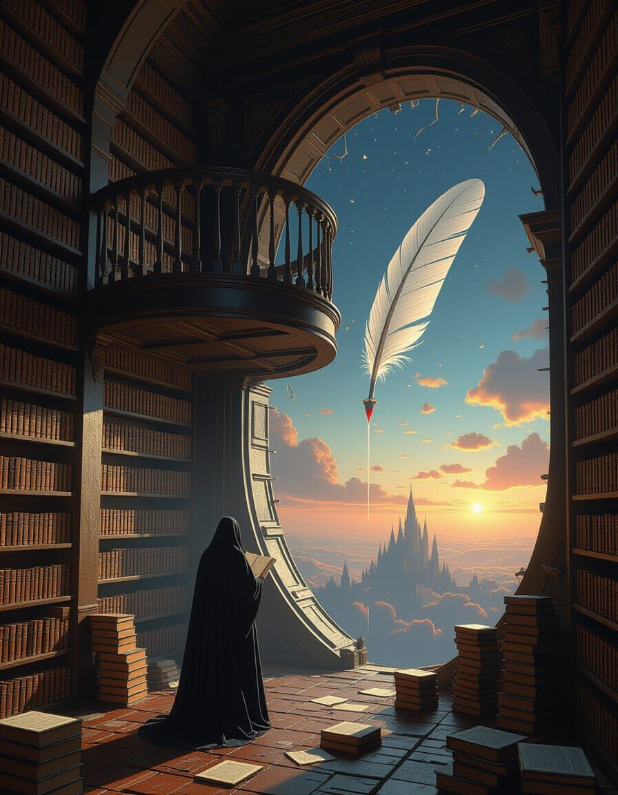 Colossal Feather Over Floating Library at Sunset