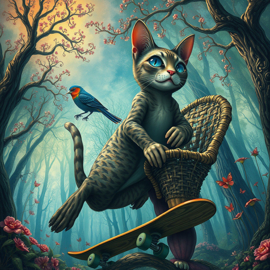 Surreal Sky Fish in Dreamlike Forest, Art Nouveau Style