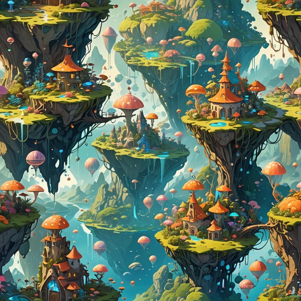 Vibrant Fantasy World with Floating Islands and Luminescence