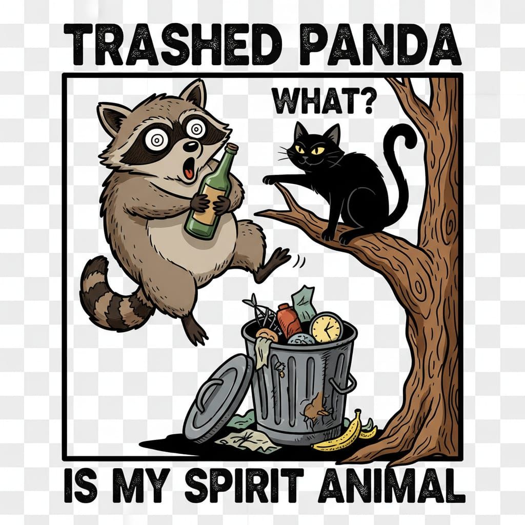 Humorous Cartoon Raccoon Falling Into Trash Can