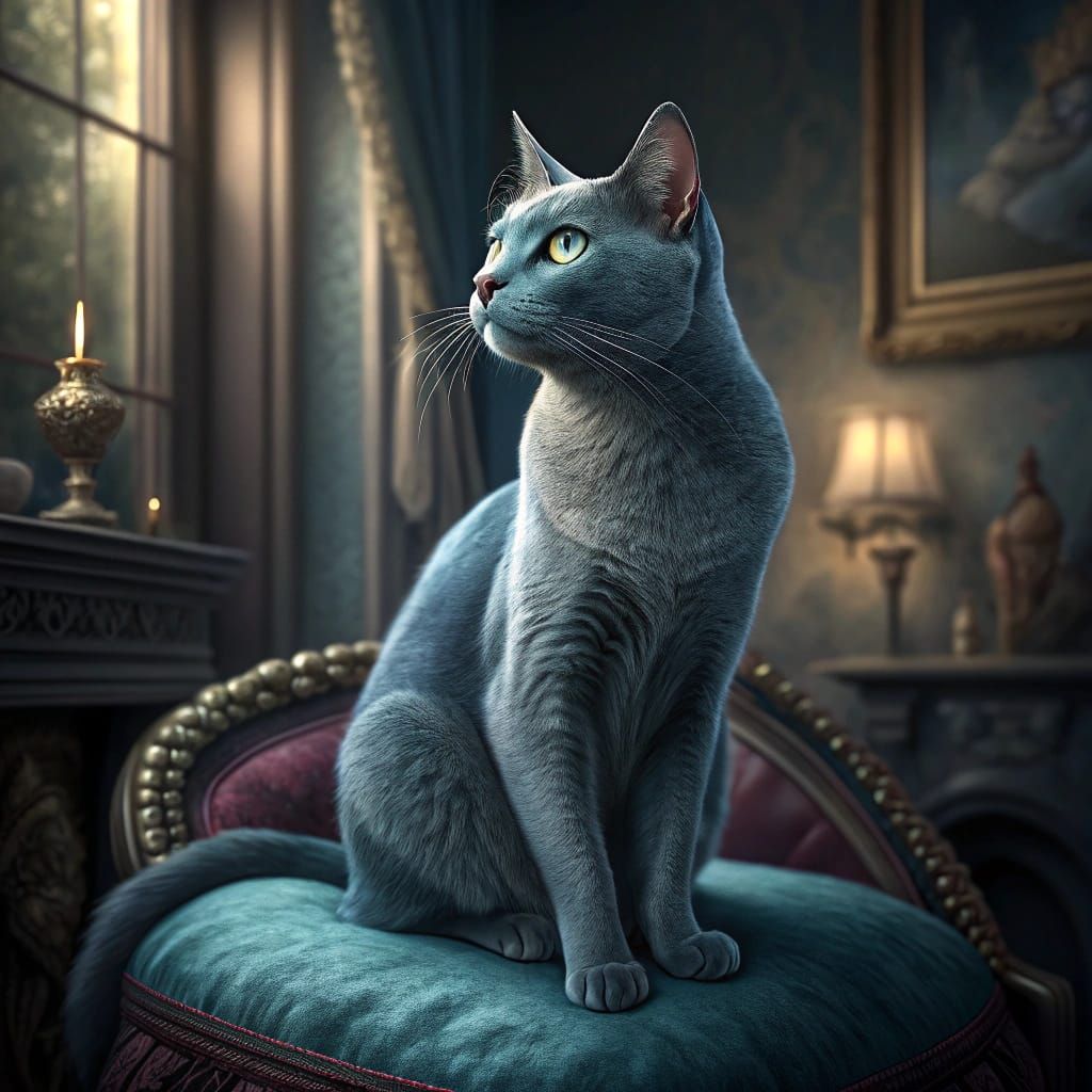 Regal Russian Blue Cat on Velvet Cushion