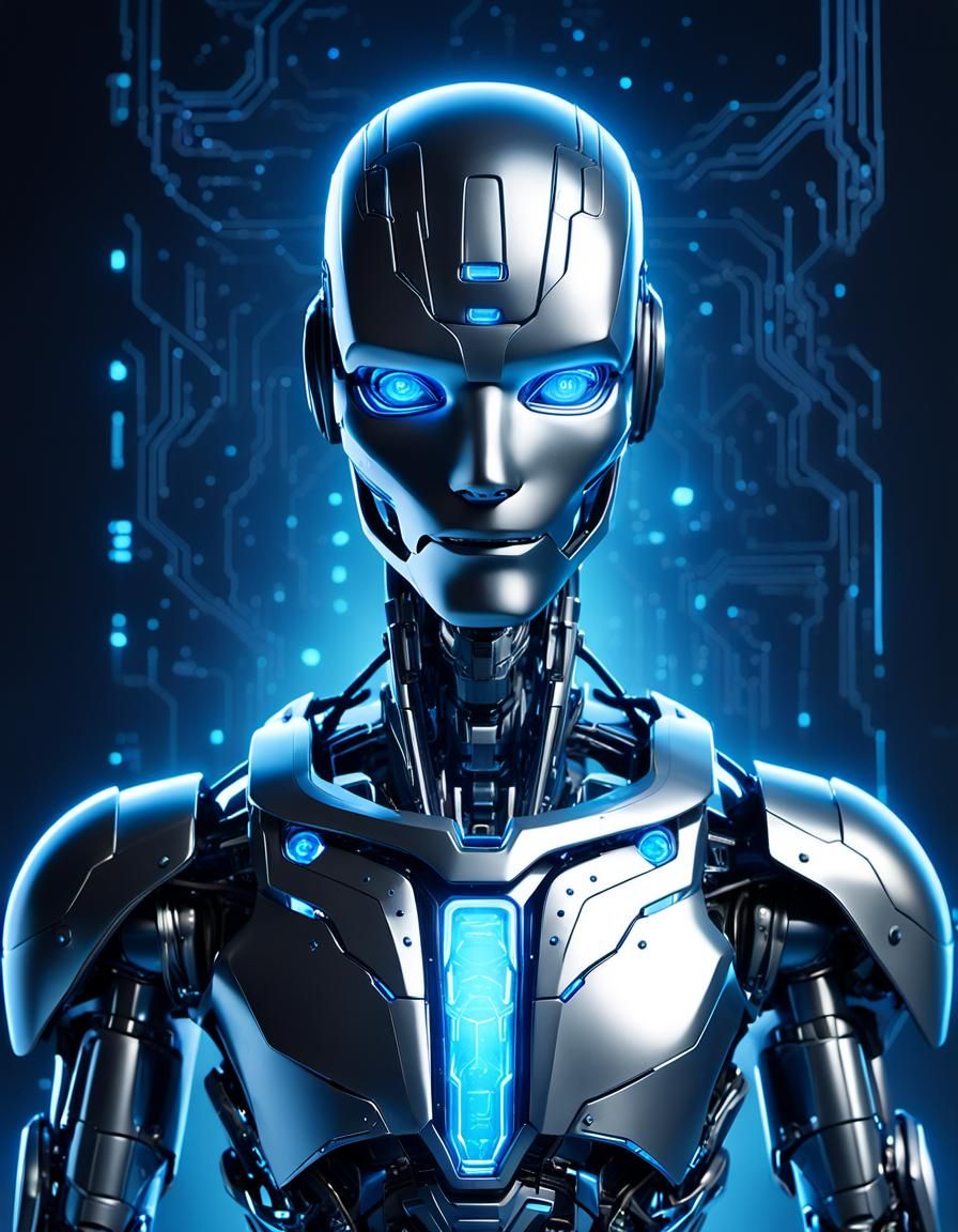 Robot Contemplates in Cyberpunk City with Glowing Circuits