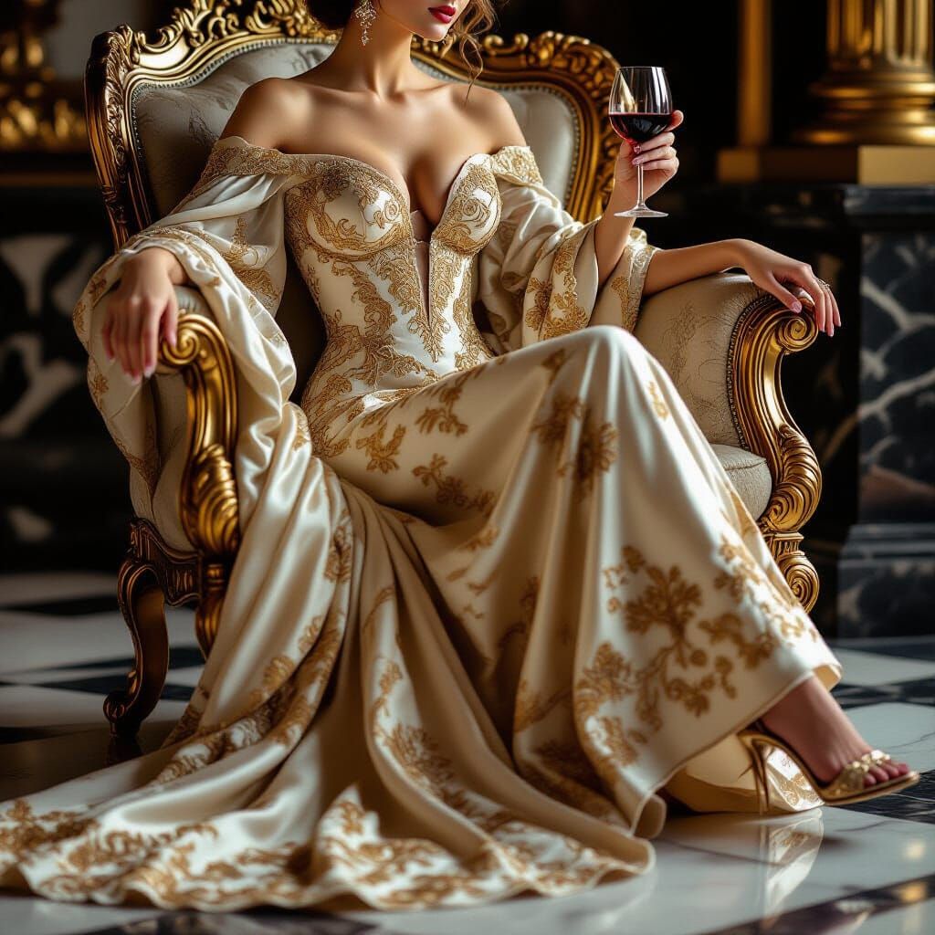 Elegant Woman in Gown, Alphonse Mucha Style