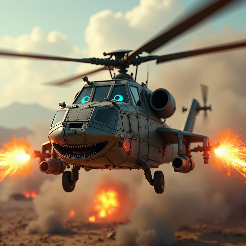 Whimsical Attack Helicopter Fires Missiles in Cinematic Scen...