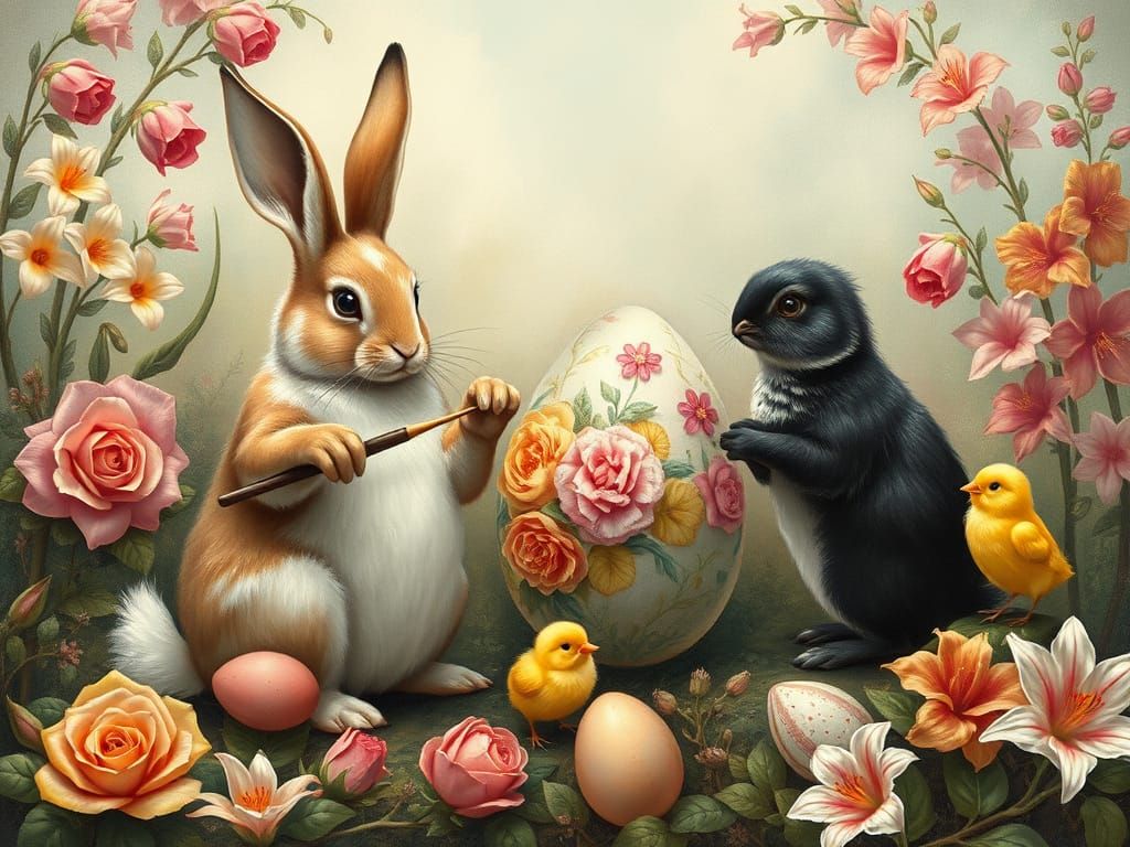 Whimsical Easter Scene with Bunnies Painting Eggs