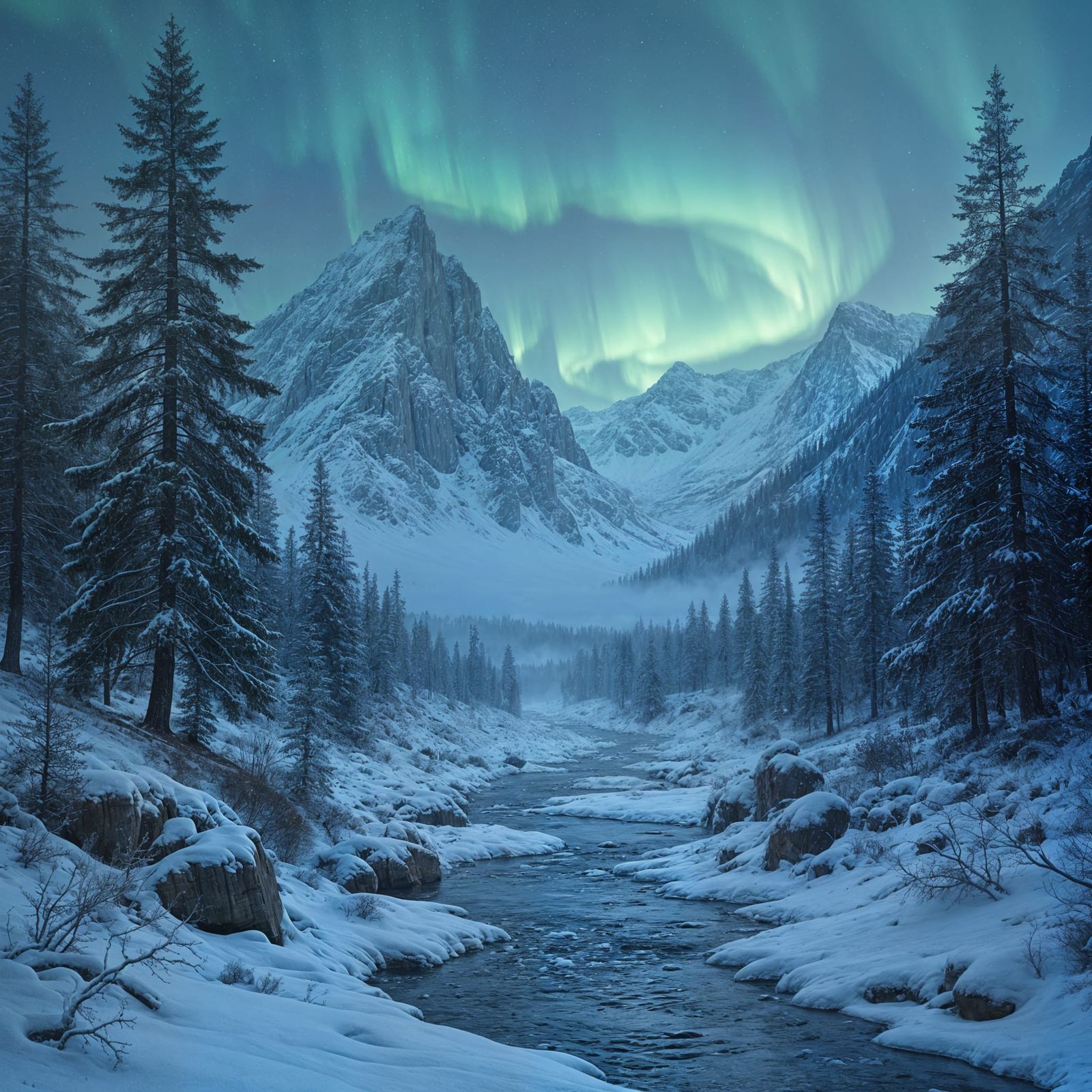 Arctic Pines Under Emerald Aurora Borealis