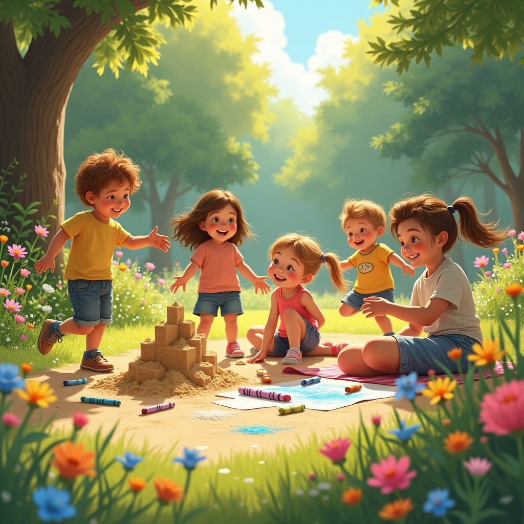 Children's Joyful Playtime in Sun-Drenched Park