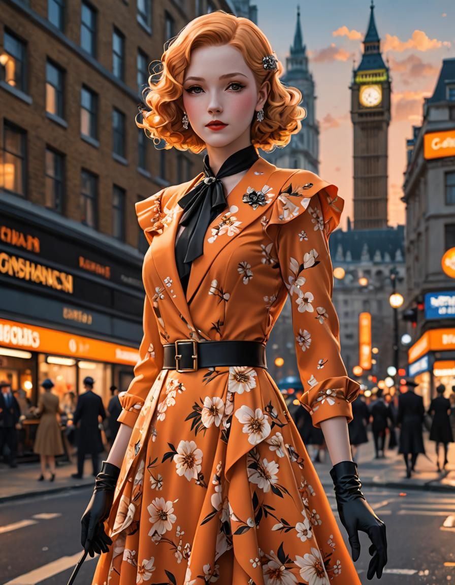 1930's Orange Ladies Suit in Graffiti Art Style
